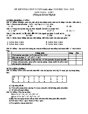 Đề kiểm tra chất lượng cuối năm môn Toán học Lớp 7 - Năm học 2014-2015